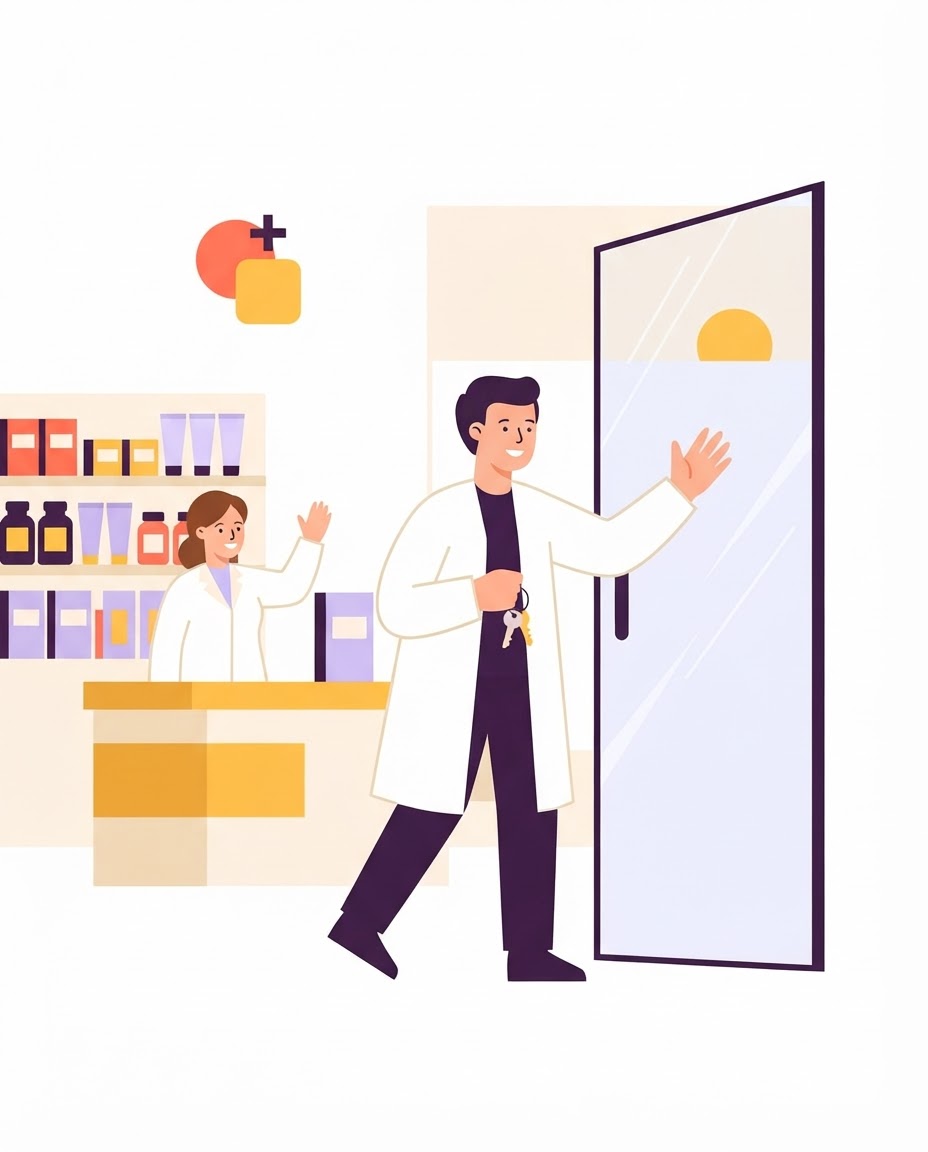 Un pharmacien ouvre la porte de l'officine et salue, une collègue lui répond depuis le comptoir